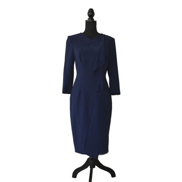 B0 NWT KAREN MILLEN Navy Cascading Frills Tailored Pencil Dress Size US10 $399 - Picture 1 of 7